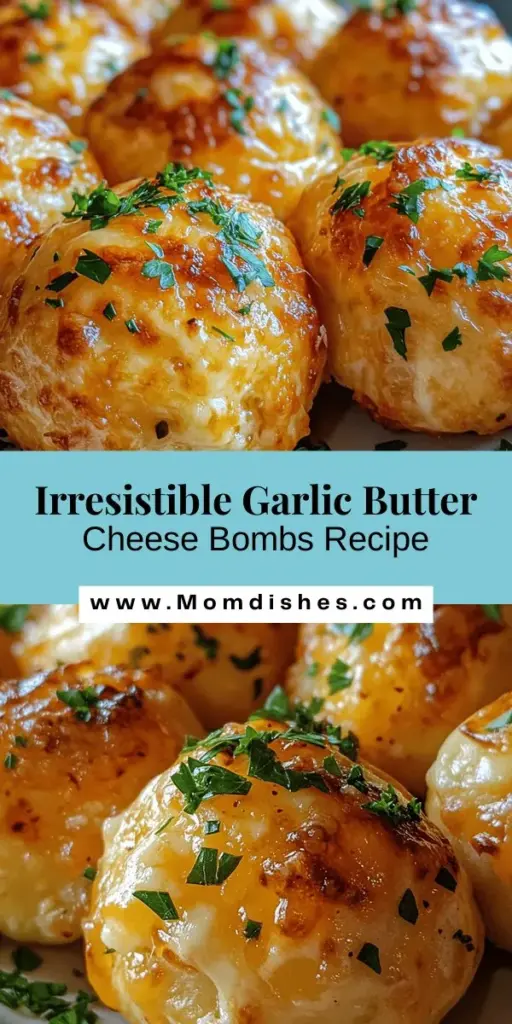 Elevate your snack game with these Homemade Garlic Butter Cheese Bombs! These mouthwatering bites feature warm, fluffy dough filled with gooey mozzarella and cream cheese, all enhanced by savory garlic and butter. Perfect for parties or a cozy night in, they're easy to make and customizable with your favorite herbs and spices. Get ready to impress your guests with this irresistible treat! #CheeseBombs #HomemadeSnacks #ComfortFood #PartyRecipes #GarlicButter #EasyRecipes #FoodieFun #YummySnack