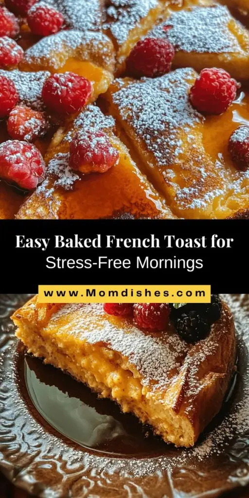 Start your day with a delicious and hassle-free No-Fuss Baked French Toast! This easy recipe combines crusty French bread, a creamy custard, and warm spices for a breakfast that serves a crowd. Perfect for lazy weekends or festive gatherings, you can prep it ahead and let the oven do the work while you enjoy leisurely mornings. Drizzle with maple syrup and fresh berries for a delightful touch. #FrenchToast #BreakfastRecipes #BrunchIdeas #EasyRecipes #BakedFrenchToast #ComfortFood