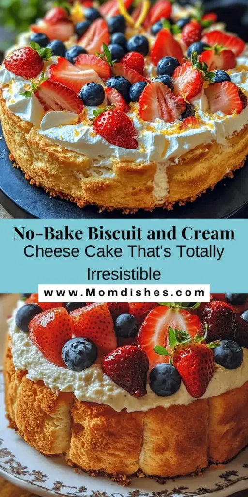 Discover the irresistible Biscuit and Cream Cheese Cake, a no-bake dessert that combines a crunchy biscuit crust with a light and creamy filling. This delightful cake is perfect for any occasion—be it summer picnics, birthdays, or simply treating yourself. Customize it with fresh berries or lemon zest for added flavor. Easy to make and beautiful to serve, it's sure to impress family and friends! #NoBake #Dessert #Baking #SweetTreats #CreamCheeseCake