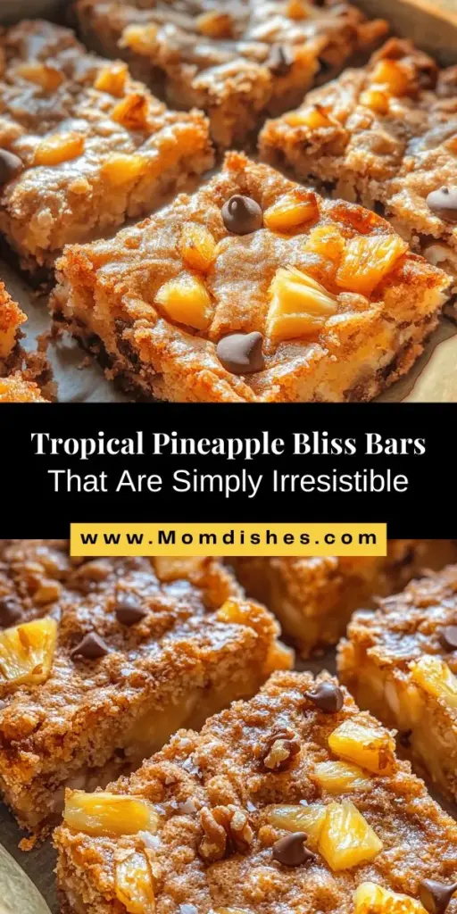 Transport yourself to a tropical paradise with these irresistible Pineapple Bliss Bars! Bursting with the sweet and tangy flavors of pineapple combined with chewy oats and crunchy nuts, they’re a healthier dessert option that's packed with nutrients. Easy to make and customizable for gluten-free or vegan diets, these bars are perfect for any occasion. Indulge your sweet tooth with a tropical twist! #PineappleBlissBars #TropicalDessert #HealthyTreats #BakingWithFruit #DeliciousDesserts