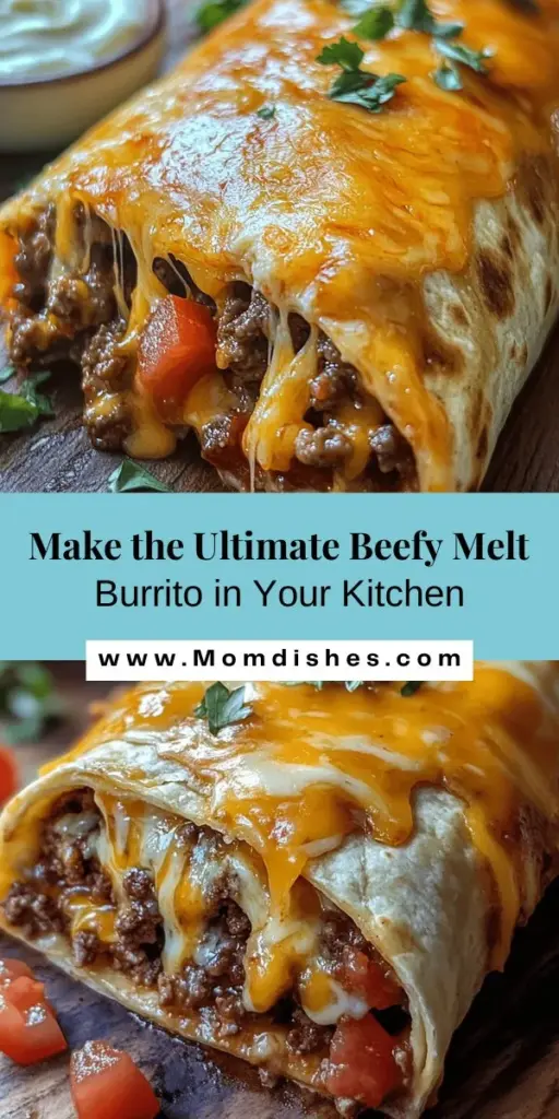 Bring the flavors of your favorite Mexican restaurant right to your kitchen with the Ultimate Beefy Melt Burrito! Packed with seasoned ground beef, melted cheese, and fresh toppings, this customizable recipe is perfect for family dinners or cozy nights in. Enjoy the rich, hearty taste while exploring various add-ins like rice and beans. Elevate your meal and impress your loved ones with this satisfying dish. #BeefyMeltBurrito #TastyRecipes #MexicanFood #HomeCooking #YummyEats #FoodieFun #BurritoLove #ComfortFood