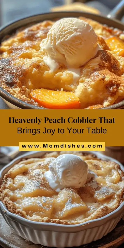 Discover the joy of baking with this Heavenly Peach Cobbler Delight recipe! Made with ripe, juicy peaches and a flaky, buttery crust, this classic dessert is perfect for summer gatherings and cozy family moments. Embrace the nostalgia as you create a warm, comforting treat that will have everyone coming back for more. Serve it warm with a scoop of vanilla ice cream for the ultimate indulgence! #PeachCobbler #Baking #DessertRecipe #ComfortFood #SummerTreat #HomemadeDesserts #Foodie