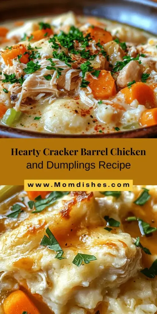 Recreate the warm, nostalgic flavors of Cracker Barrel Chicken and Dumplings, a beloved Southern comfort food that brings families together. This hearty dish combines tender chicken, fluffy dumplings, and a rich broth to create a meal that soothes the soul. Perfect for gatherings or cozy nights in, this recipe is easy to follow and allows for delicious customizations. Discover the classic ingredients and steps to craft your own comforting bowl of goodness! #ChickenAndDumplings #ComfortFood #HomeCooking #FamilyRecipes #SouthernCuisine