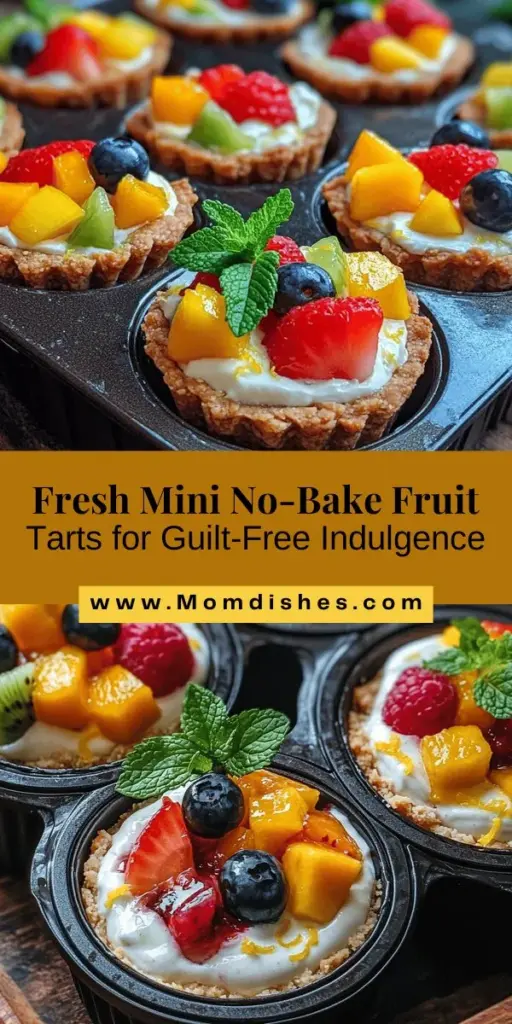 Discover the deliciousness of Mini No-Bake Fruit Tarts Delight! These easy, refreshing desserts require no oven and showcase seasonal fruits in a creamy yogurt filling atop a wholesome almond-oat crust. Perfect for any occasion, they can be customized for dietary preferences, making them a guilt-free treat. Whip these up for summer gatherings or a sweet snack! Try them today! #NoBakeDesserts #HealthyEating #FruitTarts #DessertRecipes #SummerTreats