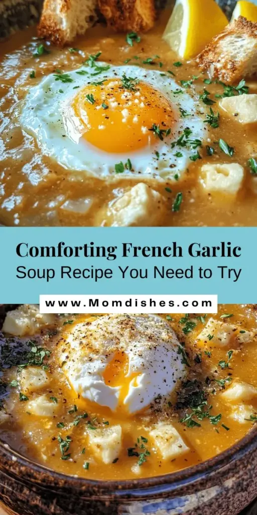 Experience the warmth of French cuisine with Authentic Country French Garlic Soup. This delightful recipe transforms humble ingredients like garlic, onions, and stale bread into a comforting bowl that nourishes both body and soul. Perfect for any season, this soup showcases the rich flavors of garlic and the creativity of traditional French cooking. Gather your loved ones and enjoy a taste of France at home! #GarlicSoup #FrenchCuisine #ComfortFood #SoupRecipes #HealthyEating #Foodie #CulinaryJourney