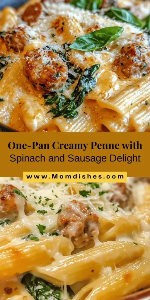 Experience the ultimate comfort food with this Hearty One-Pan Creamy Penne with Spinach and Italian Sausage. This easy recipe combines rich, creamy sauce with flavorful Italian sausage, fresh spinach, and vibrant tomatoes, all in one pan for minimal cleanup. Perfect for a weeknight dinner or weekend gathering, this dish is sure to impress. Get ready to savor a delightful medley of flavors! #OnePanMeal #ComfortFood #CreamyPenne #ItalianSausage #CookingAtHome