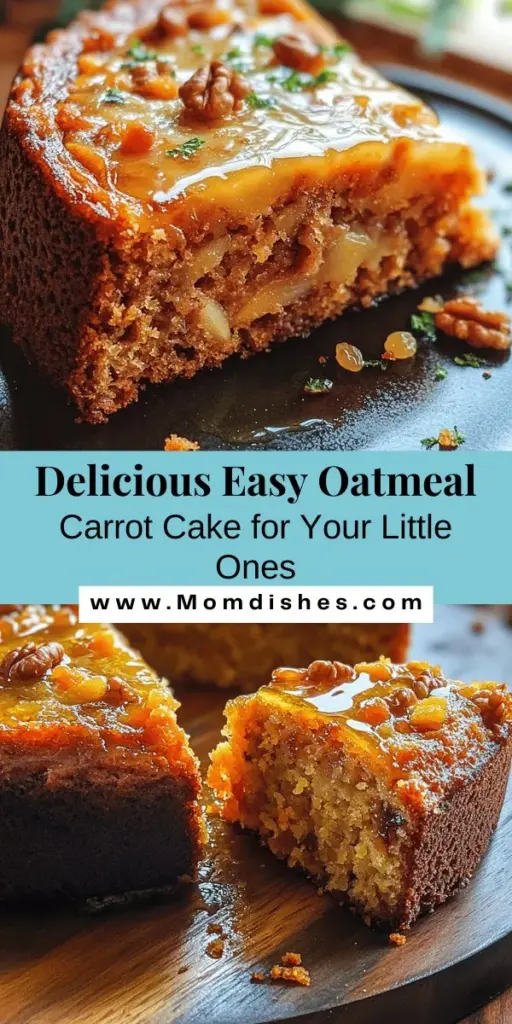 Looking for a delicious and nutritious treat for your little ones? Try this Easy Oatmeal Carrot Cake! Packed with rolled oats, grated carrots, and unsweetened applesauce, it's a perfect way to sneak in healthy ingredients without sacrificing taste. Simple enough for kids to help in the kitchen, this cake is ideal for snacks, parties, or breakfast. Bake up some wholesome fun today! #OatmealCarrotCake #HealthyBaking #KidFriendly #ToddlerTreats #FamilyRecipes #EasyBaking