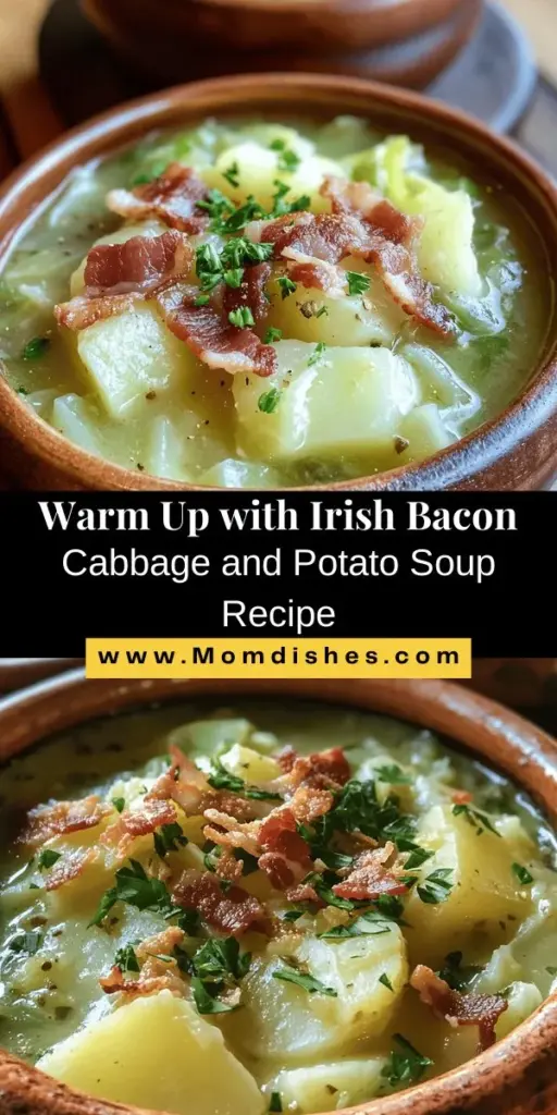 Warm up with the delicious flavors of Irish Bacon Cabbage and Potato Soup! This hearty and comforting dish features lean Irish bacon, earthy potatoes, and fresh cabbage, creating a perfect bowl of goodness for colder days. With its creamy texture and rich taste, it embodies the spirit of Irish hospitality and tradition. Easy to make and full of nutrients, it's ideal for family gatherings or cozy nights in. Try it today! #IrishCooking #SoupRecipes #ComfortFood #HeartyMeals #CookingTraditions