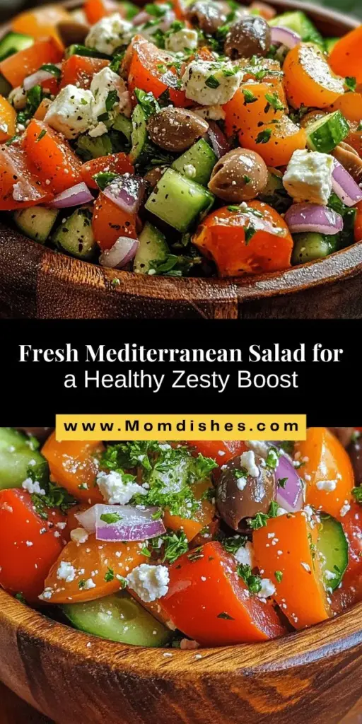 Looking for a delicious and nutritious option? Try this Fresh and Zesty Mediterranean Salad! Packed with vibrant veggies, creamy feta, and tangy olives, this salad is perfect as a side dish or a light meal. The Mediterranean diet is known for its health benefits, making this salad a great choice for heart health and energy. Fresh ingredients make each bite a delightful explosion of flavor. #MediterraneanSalad #HealthyEating #FreshIngredients #SaladRecipes #Nutrition #Yummy