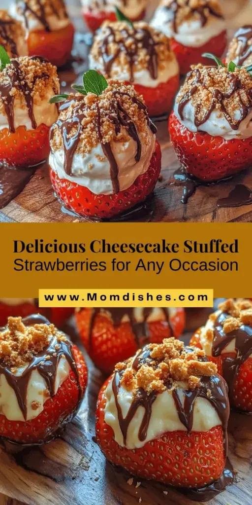 Indulge in a delicious treat with this Cheesecake Stuffed Strawberries recipe! Combining the juicy sweetness of ripe strawberries with a creamy cheesecake filling, this dessert is perfect for any occasion. Easy to make and customizable with toppings like crushed graham crackers or chocolate drizzle, these treats are sure to impress. Refreshing, visually stunning, and bursting with flavor, they are a hit for all ages! #DessertIdeas #CheesecakeStuffedStrawberries #HealthyDesserts #SummerTreats #YummyRecipes