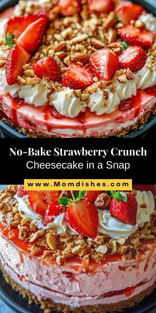 Indulge in the delightful simplicity of a No-Bake Strawberry Crunch Cheesecake! This gorgeous dessert brings together fresh strawberries, a creamy cheesecake layer, and a crunchy topping made of graham cracker crumbs, nuts, and coconut. Perfect for busy days, it requires no baking and is sure to impress at any gathering. Treat yourself and your loved ones to this sweet, refreshing dessert that's as easy to make as it is to enjoy. #NoBakeCheesecake #StrawberryDessert #EasyRecipes #DessertLovers