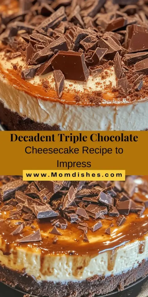 Indulge in the ultimate dessert experience with this Triple Chocolate Cheesecake featuring a crunchy Oreo crust. This luxurious treat is made with three types of chocolate: semi-sweet, milk, and white, creating a rich and creamy flavor that's hard to resist. Perfect for special occasions or a personal reward, this cheesecake is as visually stunning as it is delicious. Try this delicious recipe today and enjoy a slice of chocolate heaven! #Dessert #ChocolateCheesecake #BakingBliss #OreoCrust #ChocolateLovers