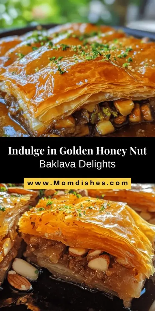 Discover the delicious world of Golden Honey Nut Baklava, a dessert that beautifully blends tradition and flavor. With its flaky phyllo layers, rich nut filling, and sweet syrup, this treat is perfect for any gathering. Learn the art of making baklava using high-quality ingredients and time-honored techniques. Get ready to impress your loved ones with this indulgent centerpiece. #Baklava #DessertRecipes #SweetTreats #Baking #CulinaryTraditions #MiddleEasternDesserts