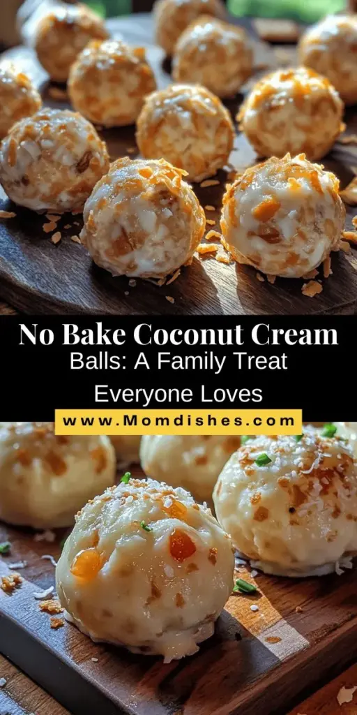 Looking for a fun and easy treat? Try these Kid-Friendly No Bake Coconut Cream Balls! Perfect for family bonding in the kitchen, these delicious bites are made with simple ingredients like shredded coconut, sweetened condensed milk, and graham cracker crumbs. No baking required! Customize with dried fruits or mini chocolate chips for extra flair. Join the fun today and create a yummy snack everyone will love! #CoconutCreamBalls #NoBake #KidFriendlyTreats #HealthySnacks