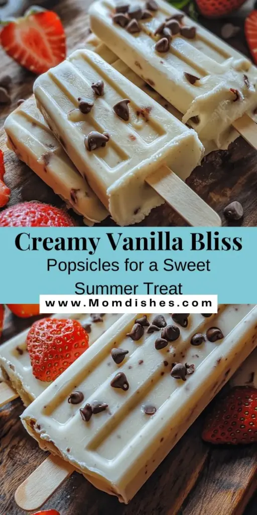 Beat the heat with these Creamy Vanilla Bliss Popsicles! Made at home, these delicious frozen treats are healthier than store-bought options, giving you control over the ingredients. Enjoy a rich, smooth texture and versatile flavors by adding fruits or chocolate. Perfect for family gatherings or a refreshing summer snack. Get the step-by-step guide to create these delightful popsicles today and make your summer sweeter! #Popsicles #HomemadeTreats #SummerSnacks #VanillaPopsicles #HealthyDesserts