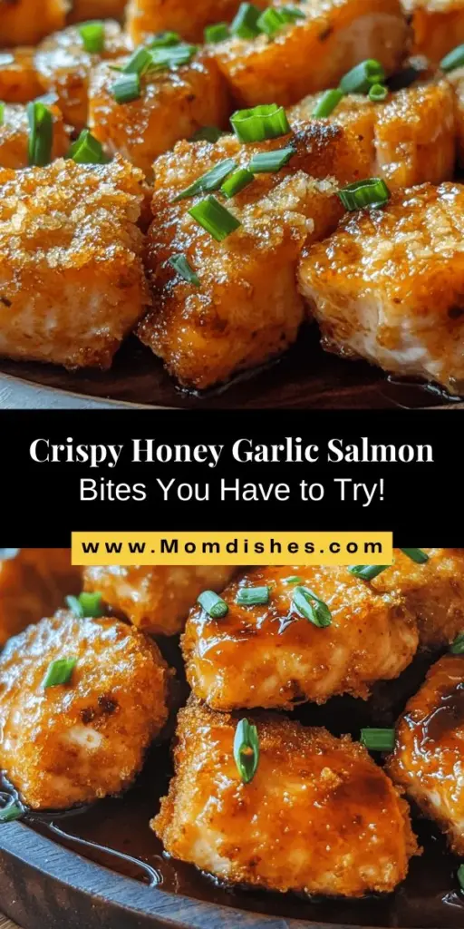 Discover the savory delight of Crispy Honey Garlic Salmon Bites! This delicious recipe features succulent salmon coated in a crunchy panko breadcrumb crust, perfectly glazed with a sweet and savory honey garlic sauce. Not only are these bites irresistibly tasty, but they also pack a nutritious punch with rich omega-3 fatty acids and essential vitamins. Perfect as an appetizer or a main dish, these bites will elevate any meal! #HoneyGarlicSalmon #HealthyEating #SeafoodRecipes #CrispyBites #Foodie