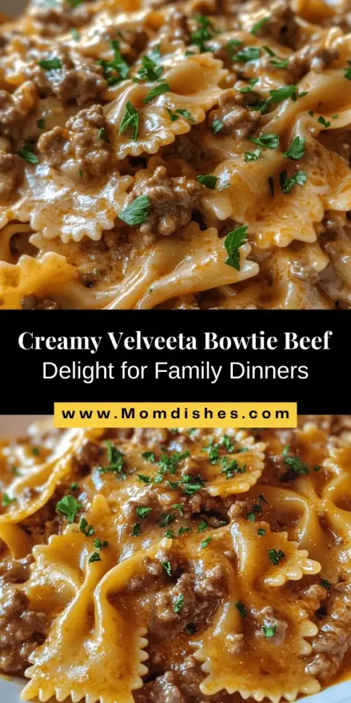 Discover the ultimate comfort food with Creamy Velveeta Bowtie Beef Delight! This dish features tender bowtie pasta, savory ground beef, and a luscious cheese sauce that's sure to please the whole family. Perfect for busy weeknights or gatherings, it’s quick to prepare and bursting with flavor. Garnish with fresh herbs for a beautiful presentation. Try this delightful recipe today! #ComfortFood #FamilyMeals #PastaRecipes #QuickDinner #VelveetaDelight