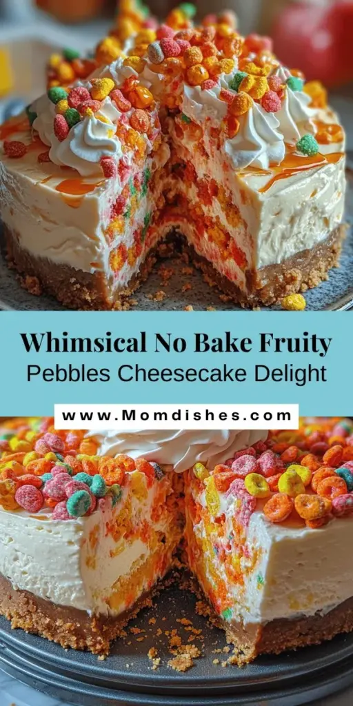 If you love creamy, colorful desserts that bring back childhood memories, try this No Bake Fruity Pebbles Cheesecake! This whimsical treat combines deliciously sweet flavors with a vibrant pop of color, making it perfect for any occasion. With no baking required, it's quick and easy to make, impressing kids and adults alike. Enjoy its rich taste and playful appearance at your next gathering! #FruityPebbles #NoBake #Cheesecake #DessertRecipe #SweetTreats