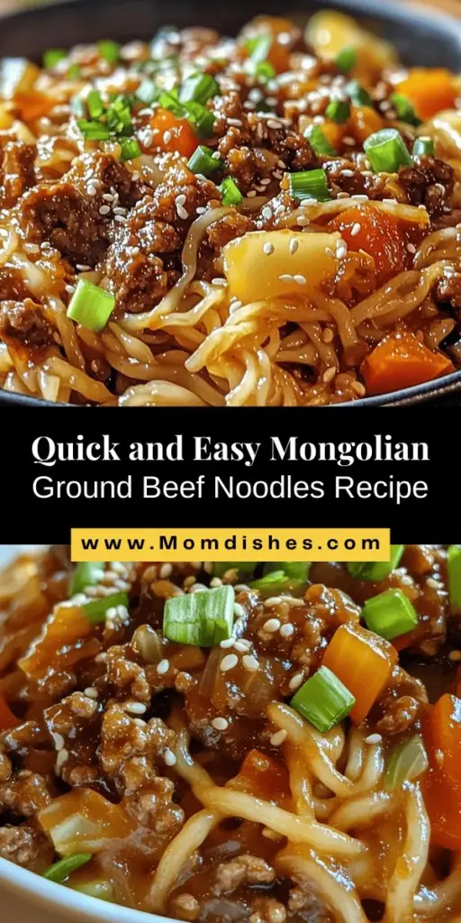 Discover the vibrant flavors of Mongolian cuisine with this easy and quick Mongolian Ground Beef Noodles recipe. Perfect for busy weeknights, this dish combines savory ground beef, fresh vegetables, and comforting noodles, all ready in under 30 minutes. Packed with protein and nutrients, you can easily customize it to fit dietary preferences, making it a family favorite. Try it out and bring a taste of Mongolia to your table! #MongolianNoodles #EasyDinner #FamilyMeals #ComfortFood #QuickRecipes