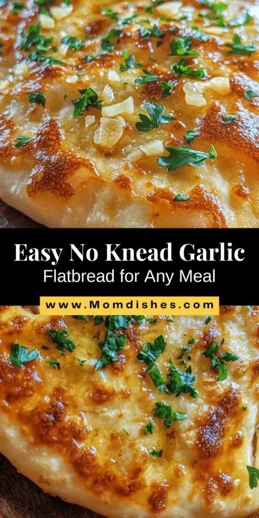 Try your hand at baking with this No Knead Garlic Flatbread Delight! This simple recipe lets you create soft, flavorful flatbreads without the stress of kneading. The combination of fresh garlic and parsley brings a delightful aroma to your kitchen. Perfect for dipping, pair it with your favorite spreads or serve as a side to any dish. Enjoy homemade goodness with minimal effort! #NoKneadBread #GarlicFlatbread #EasyBaking #HomemadeGoodness #BakingAtHome