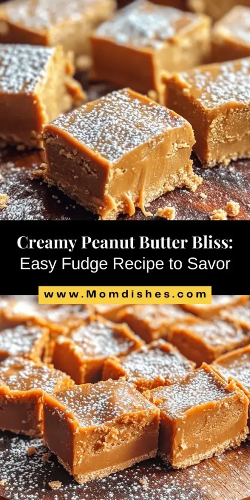 Discover the ultimate treat with this Creamy Peanut Butter Bliss recipe! Indulge in a melt-in-your-mouth fudge that's incredibly easy to make, using just a handful of simple ingredients. Perfect for any occasion, this sweet delight combines the rich flavor of creamy peanut butter with a touch of sweetness. Enjoy it as is, or get creative with mix-ins and toppings! Satisfy your sweet tooth today! #PeanutButterDessert #EasyFudge #SweetTreats #HomemadeGoodness #DessertLovers