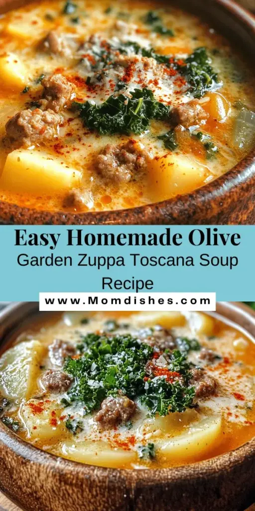 Create a cozy and satisfying bowl of Zuppa Toscana at home with this easy recipe inspired by Olive Garden! Made with savory Italian sausage, tender potatoes, vibrant kale, and a creamy broth, this soup is perfect for chilly evenings. Customize the heat with red pepper flakes and enjoy it with crusty bread for the ultimate comfort meal. Get ready to impress your family and friends with this hearty soup! #ZuppaToscana #SoupRecipe #ComfortFood #OliveGarden #HomeCooking #ItalianCuisine #HeartyMeals