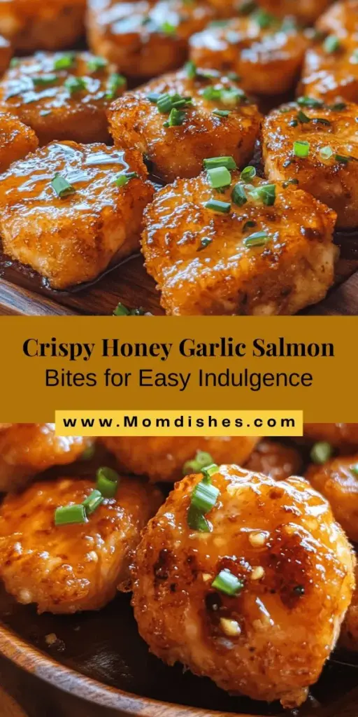 Discover the mouthwatering delight of Crispy Honey Garlic Salmon Bites! These easy-to-make, bite-sized pieces feature fresh salmon coated in a crunchy breading, tossed in a sweet and savory honey garlic sauce. Perfect as an appetizer, entrée, or finger food for gatherings, this recipe is not only delicious but also packed with health benefits from omega-3 fatty acids. Elevate your meal with this tempting dish! #SalmonBites #HealthyEating #EasyRecipe #CrispySalmon #HoneyGarlic #SeafoodLovers #Appetizers #FoodieFavorites