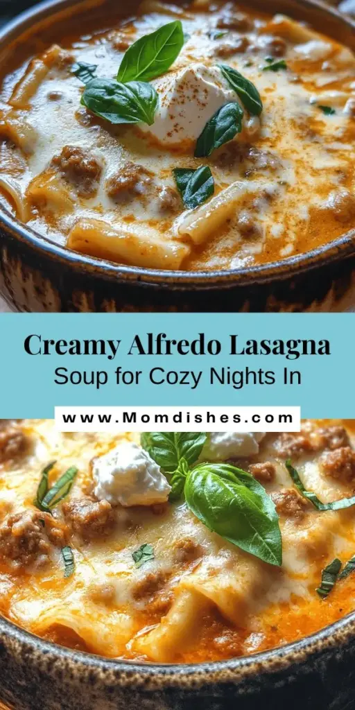 Warm up with a bowl of Decadent Creamy Alfredo Lasagna Soup—a delicious twist on a classic! This comforting dish combines creamy Alfredo sauce, hearty sausage, and tender pasta for an indulgent meal that the whole family will love. Perfect for cozy nights or gatherings, it's easy to prepare with just a handful of ingredients. Discover how to create a rich and satisfying soup that will warm both your stomach and your heart! #LasagnaSoup #ComfortFood #AlfredoRecipe #CookingAtHome #FamilyDinner #CozyEats