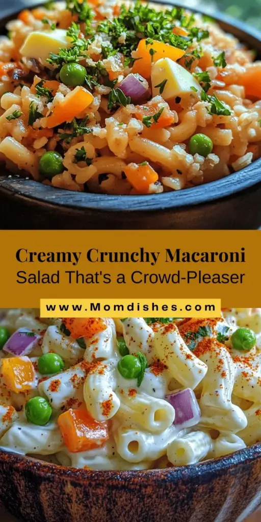 Indulge in the Creamy Crunchy Delight Macaroni Salad, the perfect blend of creamy and crunchy textures that will elevate any gathering! This vibrant dish combines elbow macaroni, fresh veggies, and a tangy homemade dressing for an unforgettable flavor experience. Perfect for potlucks, barbecues, or family meals, it's a versatile crowd-pleaser. Get ready to impress your guests with this delectable and refreshing salad! #MacaroniSalad #PotluckRecipes #SummerDishes #ComfortFood #HomemadeDelight