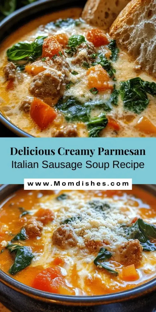 Warm up with a comforting bowl of Creamy Parmesan Italian Sausage Soup! This delicious recipe combines creamy textures and savory Italian sausage, creating the perfect meal for chilly evenings. Packed with fresh vegetables like onions, carrots, and spinach, it's rich in flavor and nutrition. Whether you're serving it at home or enjoying it with friends, this soup evokes feelings of nostalgia and warmth. Cook up this cozy dish today! #SoupSeason #ComfortFood #ItalianSausage #HomeCooking #YummyRecipes