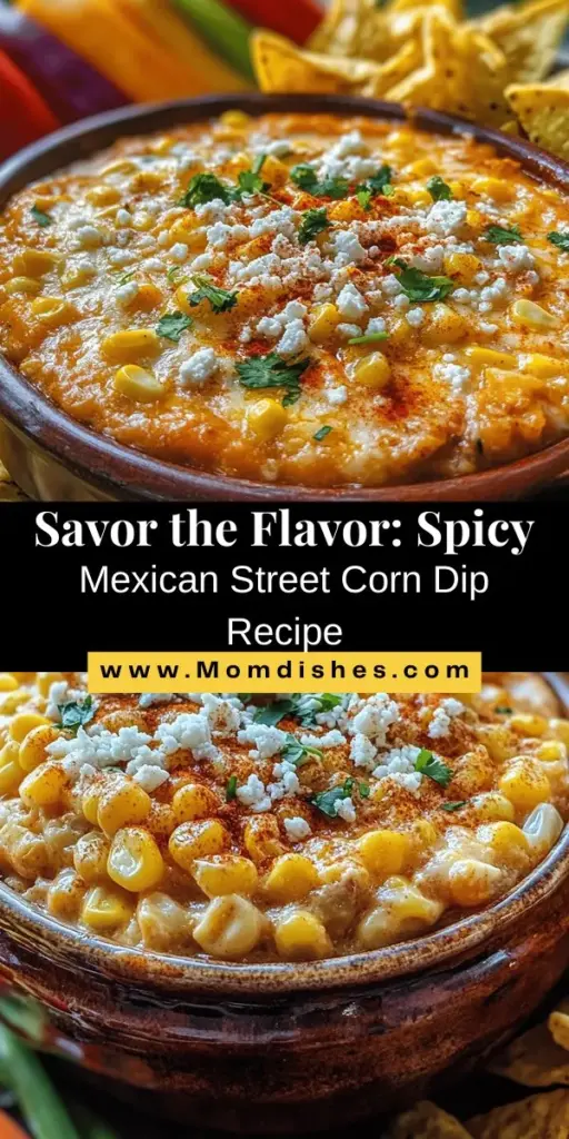 Dive into the vibrant flavors of Spicy Mexican Street Corn Dip Delight! This creamy, spicy dip captures the essence of beloved elote with its rich blend of grilled corn, spices, and cotija cheese, perfect for parties or cozy nights in. Serve it with tortilla chips or fresh veggies for a delightful treat that everyone will love. Easy to make and irresistible, it's sure to become a favorite! #MexicanDip #Elote #PartyAppetizer #SpicyDip #ComfortFood #Yummy #Foodie #Dips #Recipe