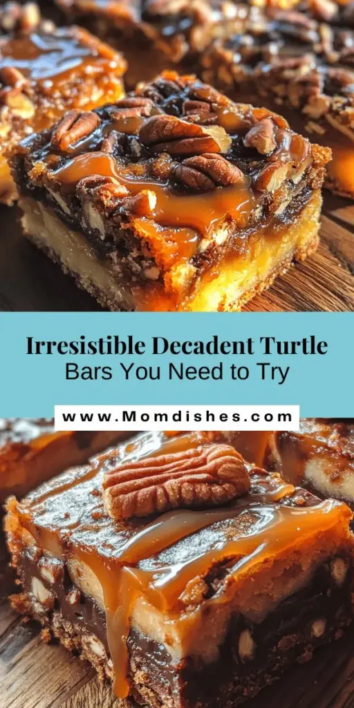 Indulge in the rich and irresistible flavors of Decadent Turtle Bars! This delightful dessert blends gooey caramel, crunchy pecans, and luscious chocolate for a sweet treat that's perfect for any occasion. Whether you're hosting a gathering or enjoying a treat at home, these layered bars are sure to impress. Try this recipe for a crowd-pleaser that evokes nostalgia and warmth in every bite. Perfect for sharing, and they store well too! #TurtleBars #Baking #DessertRecipes #SweetTreats #ChocolateLovers #PecanDelights #HomemadeGoodness