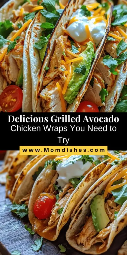 Discover the deliciousness of Grilled Avocado Chicken Wraps! This healthy recipe combines creamy avocado, tender grilled chicken, and fresh veggies, making it a perfect choice for lunch or dinner. Easy to prepare and packed with nutrients, these wraps are sure to impress. Enjoy them with your favorite dips for an added twist. Try them today! #GrilledChicken #AvocadoWrap #HealthyEating #WrapRecipe #MealPrep #NutritiousDelight #Foodie