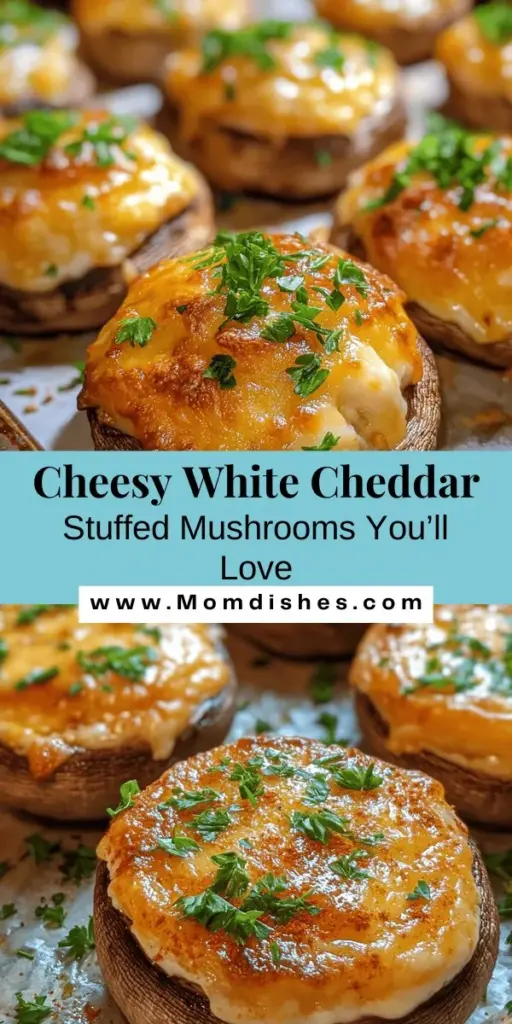 Delight your guests with these deliciously cheesy white cheddar stuffed mushrooms! This easy-to-make appetizer features tender mushroom caps filled with a rich, creamy mixture of white cheddar, cream cheese, and fresh herbs. Perfect for any gathering, these mushroom bites are sure to impress with their savory flavor and satisfying texture. Get ready to elevate your next meal with this mouthwatering treat! #StuffedMushrooms #CheesyGoodness #AppetizerRecipes #MushroomLovers #PartyFood