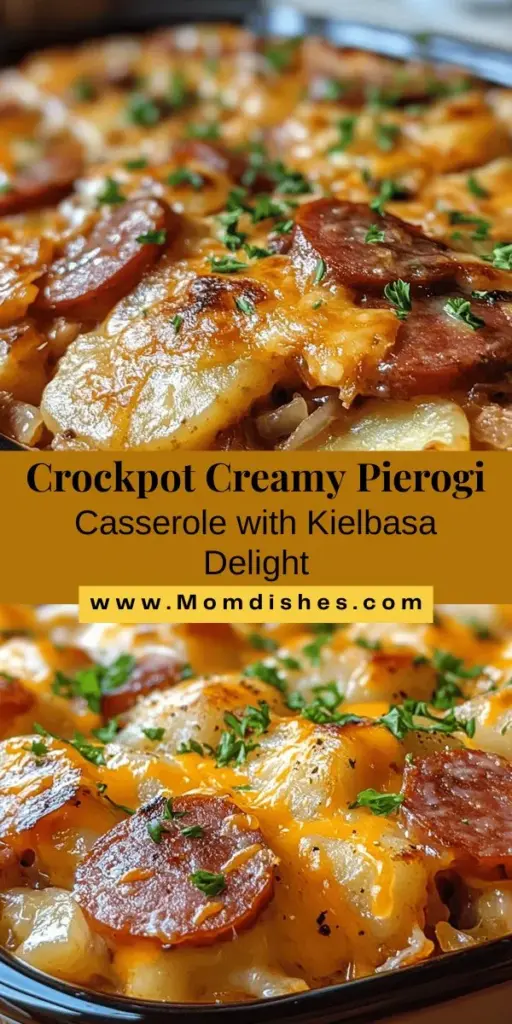 Warm up your evenings with this Creamy Crockpot Pierogi Casserole featuring savory kielbasa! It's the perfect hearty meal for family dinners, effortlessly prepared in a crockpot. Enjoy layers of tender pierogi, smoky sausage, and a creamy sauce that blends beautifully over hours of slow cooking. This comforting dish pays homage to Eastern European traditions while being convenient for busy days. Gather your loved ones for a delicious shareable meal! #CrockpotRecipes #PierogiCasserole #Kielbasa #ComfortFood #FamilyDinner