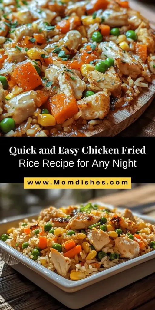 Looking for a quick and satisfying meal? Try this Easy Chicken Fried Rice recipe! In under 30 minutes, you can enjoy tender chicken, colorful veggies, and perfectly cooked rice all stir-fried for a delightful dish. This recipe is versatile—use leftover ingredients to cater to your taste preferences. Great for busy weeknights or impressing guests! Discover the perfect balance of flavors today! #ChickenFriedRice #EasyRecipes #QuickDinner #ComfortFood #CookingAtHome #HealthyEating