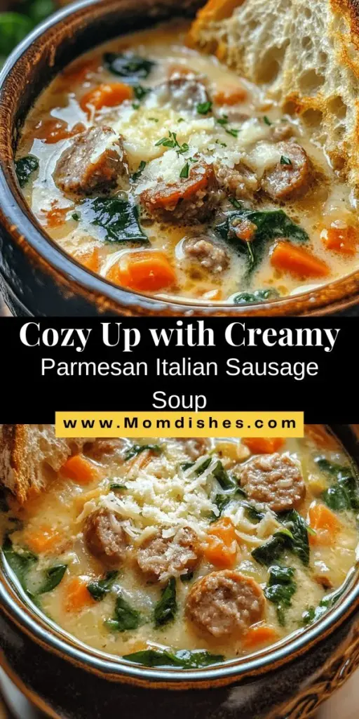 Warm up this winter with a bowl of Creamy Parmesan Italian Sausage Soup Delight. This comforting soup combines savory Italian sausage, fresh vegetables, and rich Parmesan cheese for a satisfying meal. Perfect for family gatherings or cozy nights in, it's easy to prepare and leaves everyone asking for seconds. Discover the heartwarming flavors and nutritional benefits as you recreate this delightful dish in your kitchen. #SoupSeason #ComfortFood #ItalianRecipe #HealthyEating #SausageSoup #WinterWarmup