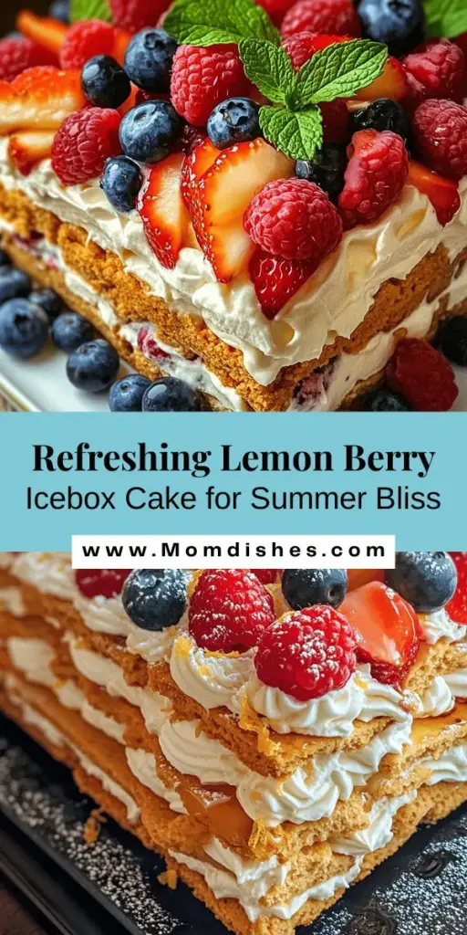 Beat the summer heat with this easy Lemon Berry Icebox Cake! This no-bake dessert features a zesty lemon cream layered with fresh berries and graham crackers, creating a light and refreshing treat perfect for gatherings or a cozy night in. Simple to prepare and visually stunning, it's a showstopper for any occasion. Dive into the bliss of sweet and tangy flavors that meld beautifully. Try your hand at this delicious recipe today! #IceboxCake #SummerDesserts #NoBake #LemonBerry #EasyRecipes #DessertIdeas