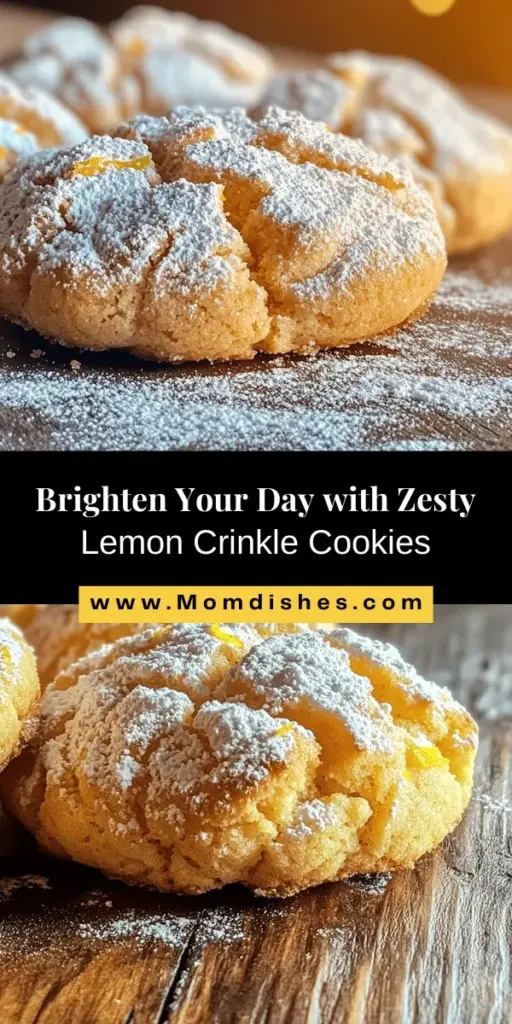 Delight in the bright flavors of Zesty Lemon Crinkle Cookies! These mouthwatering treats combine sweet and tangy lemon in a chewy, soft cookie that boasts beautiful crinkles and a dusting of powdered sugar. Perfect for gatherings or a simple indulgence, they are sure to impress. Follow our easy step-by-step recipe, and bring a refreshing burst of lemon to your baking. Enjoy the joy of baking and sharing these delicious cookies! #LemonCookies #BakingJoy #CookieRecipe #DessertLovers #HomemadeTreats