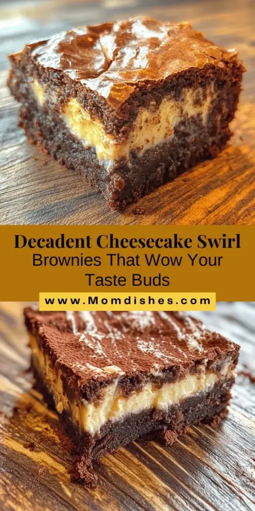 Indulge in the perfect dessert fusion with these Decadent Cheesecake Swirl Brownies! Combining rich, fudgy brownie layers with creamy, tangy cheesecake, this delightful treat is sure to impress at any occasion. Ideal for parties or a sweet craving, these brownies offer a unique texture experience that brings joy with every bite. Treat yourself and your loved ones to this delicious homemade dessert! #Brownies #Cheesecake #Dessert #Baking #SweetTreat #HomemadeGoodness