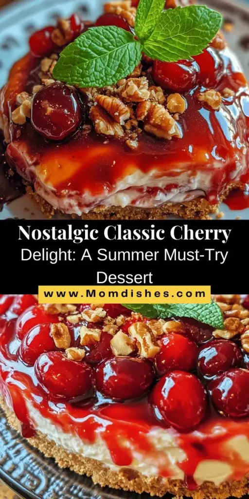 Indulge in a slice of nostalgia with Classic Cherry Delight, the perfect summer dessert. This no-bake treat features a crunchy graham cracker crust, creamy filling, and a vibrant cherry topping that captures the essence of joyful family gatherings. Whether you use fresh or frozen cherries, this dessert is easy to prepare and versatile for any occasion. Dive into the sweet flavors and create lasting memories! #ClassicCherryDelight #SummerDesserts #NoBakeDesserts #CherryRecipe #FamilyFavorites #EasyRecipes #DessertIdeas