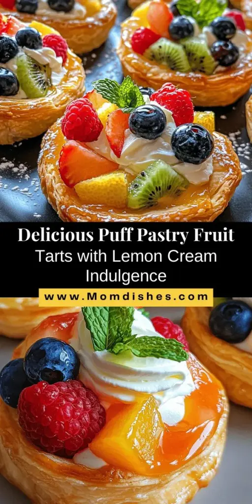 Indulge in the delightful combination of flaky puff pastry and vibrant fresh fruits with these Puff Pastry Fruit Tarts topped with zesty lemon curd whipped cream. Perfect for any occasion, these tarts are not only visually stunning but also bursting with flavor. Ideal for brunches or festive gatherings, they are easy to make and sure to impress your guests. Try this delicious recipe to elevate your dessert game today! #FruitTarts #PuffPastry #DessertRecipe #Baking #LemonCurd #SweetTreats