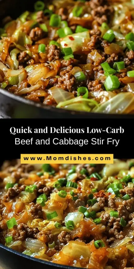 Discover the delicious Savory Low-Carb Cabbage and Beef Stir Fry, a quick and healthy meal perfect for a busy lifestyle. This dish features ground beef, crisp cabbage, and aromatic spices, making it satisfying and nutrient-rich. Ideal for low-carb and keto enthusiasts, it's easy to prepare and customize with your favorite veggies. Try this flavorful stir fry tonight for a hearty dinner that’s both nutritious and delicious! #LowCarb #StirFry #HealthyEating #KetoRecipes #MealPrep