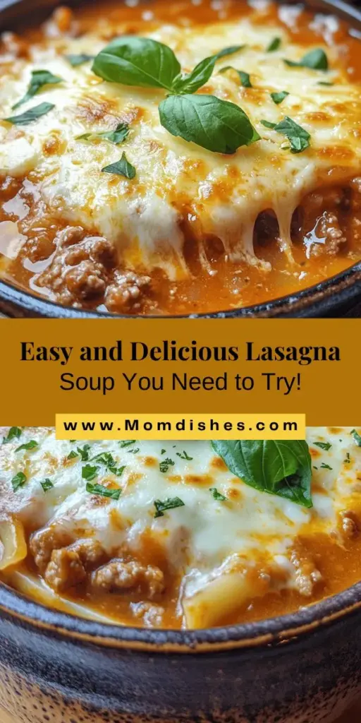 Warm up with this hearty and comforting Lasagna Soup, an easy twist on the classic lasagna that’s perfect for busy weeknights or chilly evenings. Packed with rich tomato sauce, gooey cheese, and your choice of meat or vegetables, this one-pot dish is both satisfying and customizable to fit any dietary preference. Dive into simple cooking instructions and delightful variations that make this soup a family favorite! #LasagnaSoup #ComfortFood #OnePotMeals #EasyRecipes #FamilyDinner #CookingAtHome #SoupSeason