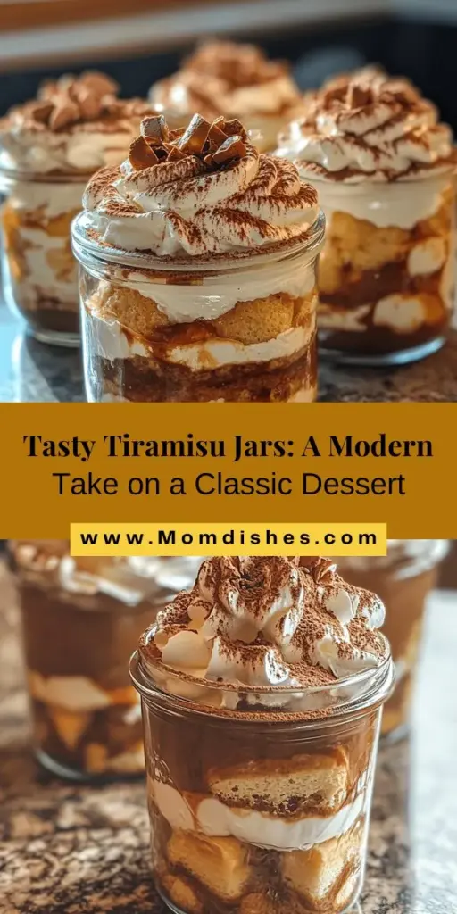 Indulge in the delightful twist on a classic Italian dessert with Tiramisu jars! Perfect for gatherings, these individual servings encapsulate the rich flavors of coffee-soaked ladyfingers, creamy mascarpone, and cocoa powder. Not only are they easy to prepare, but their elegant presentation is sure to impress! Whether for a special occasion or a cozy night in, these jars are a true crowd-pleaser! #Tiramisu #DessertJars #ItalianDessert #EasyRecipes #Foodie