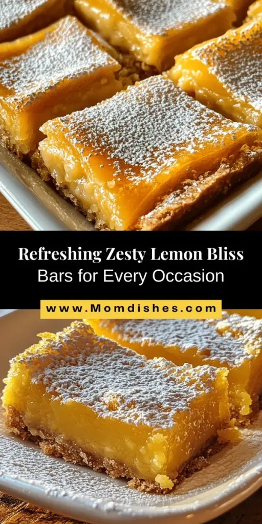 Brighten up your dessert table with Zesty Lemon Bliss Bars! Bursting with fresh lemon flavor, these easy-to-make bars are the perfect balance of sweet and tangy. Ideal for summer picnics, birthday celebrations, or simply indulging your sweet tooth, they promise to impress. With a buttery crust and creamy lemon filling, these bars are sure to become a favorite. Get ready to enjoy a slice of sunshine! #LemonBars #DessertRecipe #Baking #SweetTreats #CitrusDelight #SummerDesserts