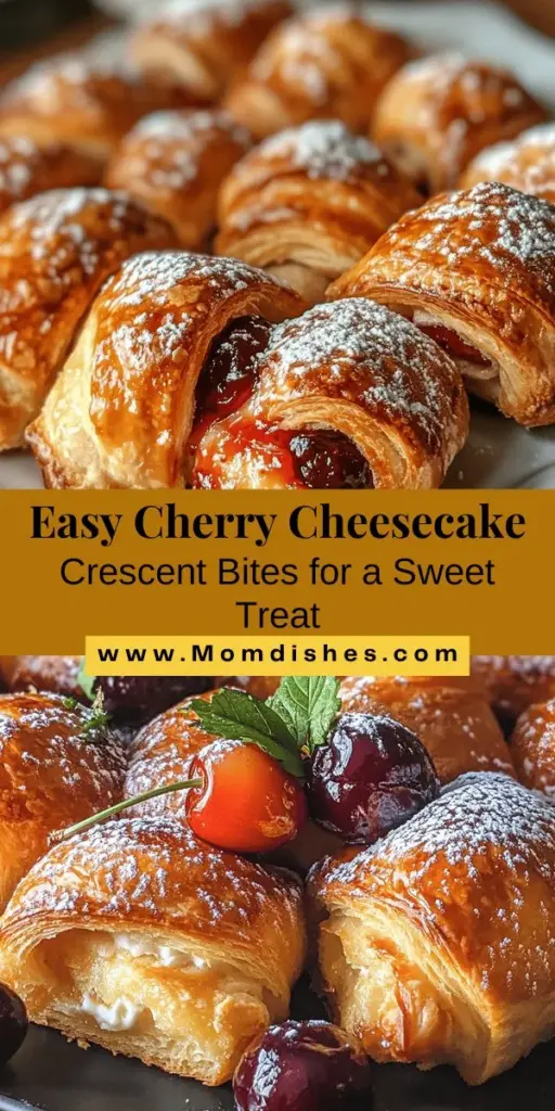 Indulge in the delightful taste of Cherry Cheesecake Crescent Bites! This easy recipe transforms classic cheesecake into bite-sized delights, perfect for any occasion. With a flaky crescent dough, creamy filling, and sweet cherry topping, these treats are sure to impress your guests. Simple to prepare and absolutely delicious, you'll want to make them again and again. Try them out today! #CherryCheesecake #DessertBites #Baking #EasyRecipes #CrescentRolls