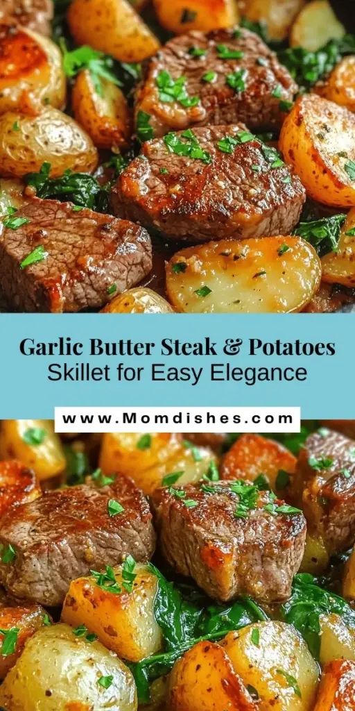 Indulge in a delightful dinner with this Sizzling Garlic Butter Steak & Potatoes Skillet! Perfect for busy weeknights, this dish combines juicy sirloin steak and crispy potatoes, all bathed in a rich garlic butter sauce. With fresh herbs and a quick cooking time, you’ll impress family and friends without hours in the kitchen. Serve it up with a side salad or roasted veggies for a satisfying meal in under 30 minutes! #SteakDinner #ComfortFood #QuickRecipes #SkilletMeals