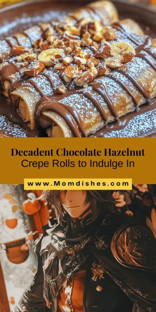 Satisfy your sweet tooth with these elegant Chocolate Hazelnut Crepe Rolls! This delightful dessert combines thin, tender crepes with rich chocolate hazelnut spread and crunchy roasted hazelnuts. Perfect for any occasion, these rolls are not only delicious but visually stunning. Whether you enjoy them as a special treat or at gatherings, they’re sure to impress. Check out the recipe for a step-by-step guide! #Crepes #ChocolateHazelnut #DessertRecipes #SweetTreats #BakingJoy #FoodInspiration