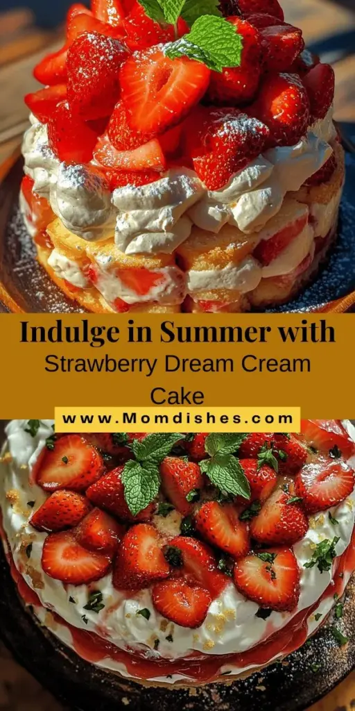 Indulge in the summer sweetness of Strawberry Dream Cream Cake! This delightful dessert features fluffy vanilla cake layers, fresh strawberry filling, and a rich whipped cream frosting. Perfect for birthdays, picnics, or any celebration, this cake showcases seasonal ingredients and is easy to make at home. Gather your friends and family for a delicious baking adventure that will impress everyone! #CakeRecipe #StrawberryDessert #BakingFun #SweetTreats #SummerDesserts #HomeBaking